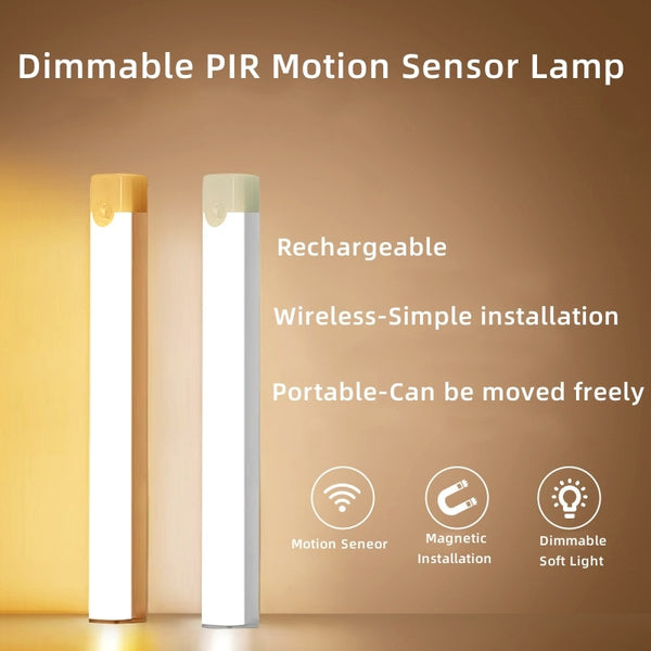 Wireless PIR Motion Sensor LED Cabinet Light: Dimmable, Rechargeable, Night Light for Stairs, Closet, Room, Aisle, Tube, Bar, Detector Bulb
